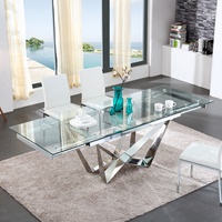 Table à manger extensible en verre transparent durable, style contemporain avec base en acier inoxydable pour salon