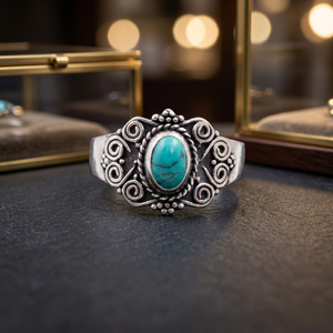 Bague Bohème en Argent 925 Plaqué Turquoise, Pierre Précieuse Ovale Sertie en Bezel, Bijou Unisexe Tendance, Idéal pour le Quotidien et Cadeau - Product Image 1