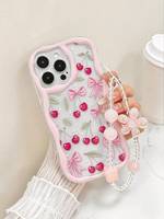 Coque de téléphone portable en TPU avec nœud papillon et cerises, très populaire, pour iPhone 16 17 Air Pro Max, coque arrière crème avec chaîne, Funda