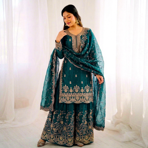 Embellished <b>Green</b> Salwar Kameez Set Sequined Embroidered Indian Pakistani Outfit for Wedding Party Women - Product Image 1