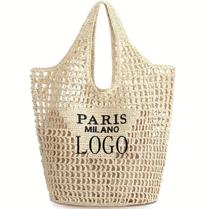 Nouveau créateur de mode Sacs tissés avec lettres Logo personnalisé Sac fourre-tout en <span class=keywords><strong>paille</strong></span> avec bandoulière en maille pour femmes Grand sac de <span class=keywords><strong>plage</strong></span> creux en <span class=keywords><strong>paille</strong></span> - Product Image 1