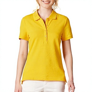 Polo en coton uni pour femme, manches courtes, décontracté, jaune, tissu tissé, longueur normale - Product Image 1