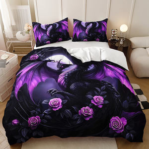 Parure de lit en polyester imprimée en 3D - Motif pterodactyle violet - 3 pièces - Housse de <span class=keywords><strong>couette</strong></span> + <span class=keywords><strong>demi</strong></span>-oreillers pour usage domestique - Product Image 1
