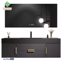 OEM Juerte Meuble-lavabo mural moderne en bois massif avec double vasque en cuivre, miroir de maquillage, robinet et armoire LED pour salle de bain, Stock entrepôt