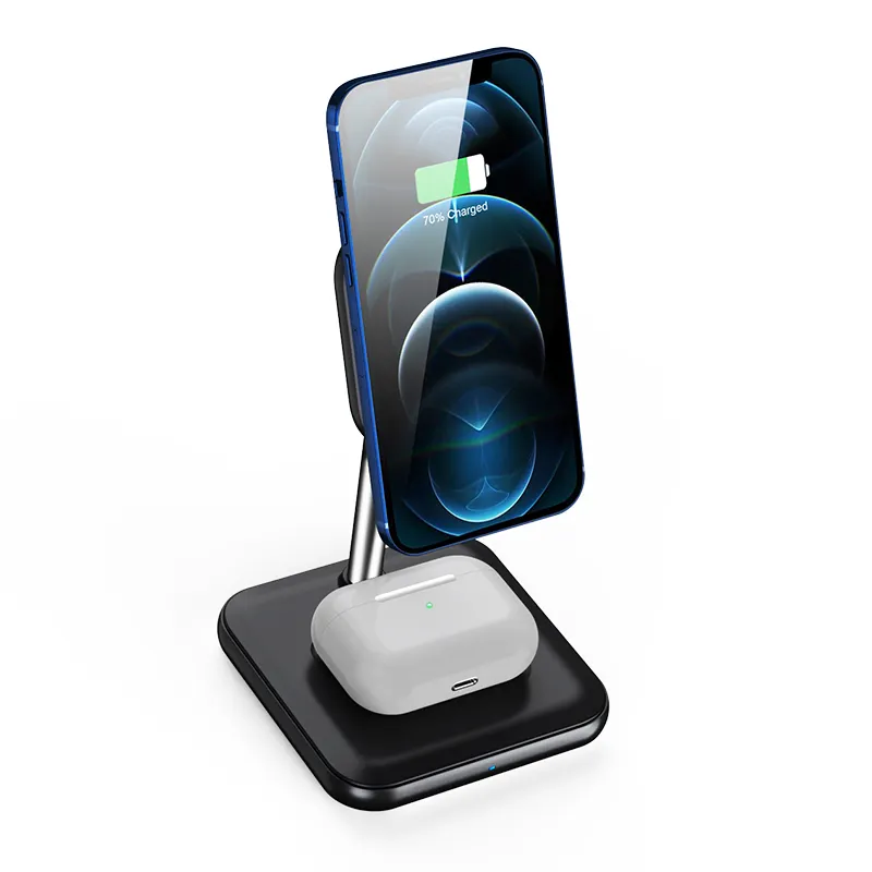 Hot selling 15 W Fast Wireless Charging Dock 2 In One Qi Desktop Magnetic Wireless Charger Stand For iPhone & Earphones