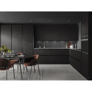 Black Matt Lacquer European Style Ready Assemble Handless Modular Islands Cheap Laminated Modern Custom Kitchen Cabinet