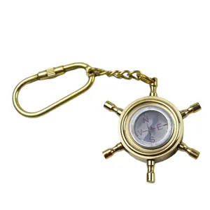 Nautical Key Chain With Ship Wheel Shaped And Nautical Gadget Design Brass Gold Color Finishing Metal Key Holder Pocket Design