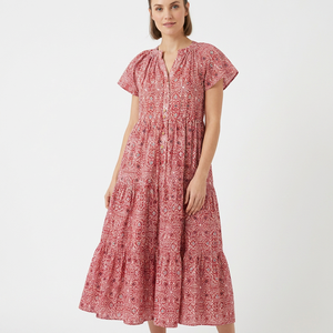 Robe Courte Décontractée en Coton pour Femme, Col en V, Imprimé Numérique, Usage Quotidien, Décoration Froncée, Taille Naturelle, Respirante, Lavable - Product Image 1