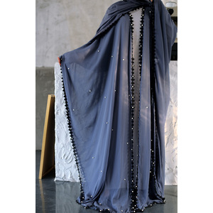 Abaya de luxe en mousseline transparente à manches chauve-souris, ornée de perles et de dentelle noire, robe longue musulmane pour l'Aïd - Product Image 1
