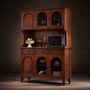Credenza Rustica Americana Vintage in Legno Massello con Vetrina, Mobile Buffet Retrò per Sala da Pranzo, Credenza Portabottiglie per Villa - Product Image 1