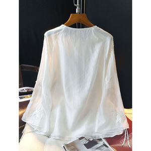 Camisa de cuello bordado de estilo chino <span class=keywords><strong>blanco</strong></span> de otoño para mujer, nueva moda superior, combina con todo, informal, holgado, botón de patrón sólido - Product Image 3