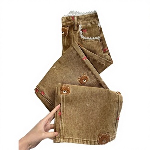 Jean large en denim brodé motif patchwork ourson en dentelle, nouvelle collection automne, taille haute, coupe décontractée pour le quotidien - Product Image 2