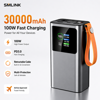 Batterie externe portable 30000mAh 100W avec chargeur rapide et câble rétractable pour ordinateur portable, smartphone, montre connectée, voyage, OEM, ODM