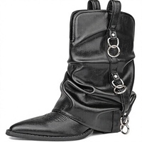 Bottines Western noires décontractées à bout pointu et talon épais avec boucle à anneau métallique pour femme