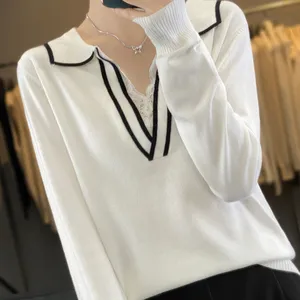 V-neck Celebrity Same Style Double Stranded Worsted Wool Sweater Collar Lace Fashion Piece