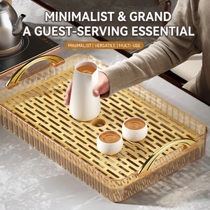 Plateau de service rectangulaire en plastique transparent avec poignées dorées, multifonctionnel pour le rangement des tasses, idéal pour le café, le thé et les réceptions - Product Image 5