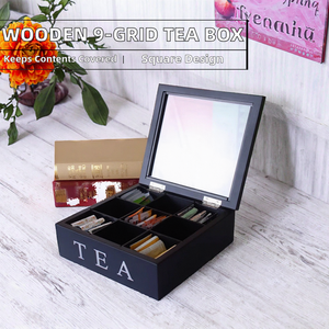 Boîte à thé en bois multi-usages à 9 compartiments, boîte de rangement pour sachets de thé, style campagnard carré avec couvercle, boîte cadeau - Product Image 2