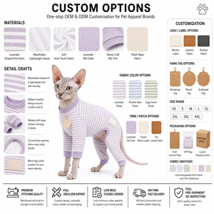 Mono de cuatro patas para perro con cuello alto y rayas morado claro, ropa para mascotas OEM, body de punto acanalado suave y elástico - Product Image 3