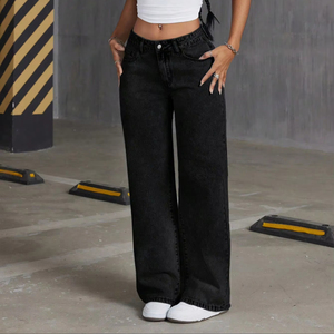 Jeans <span class=keywords><strong>Femme</strong></span> Taille Haute Droit Ample Nœud <span class=keywords><strong>Style</strong></span> <span class=keywords><strong>Baggy</strong></span> Extensible Denim Délavé Été Réduction Âge Pantalon Large Jambe Hip Hop - Product Image 1