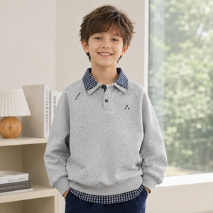 Pull-over décontracté à manches longues pour garçons, col polo, en mélange de coton à carreaux, style preppy, classique et vintage, personnalisable en gros (OEM) - Product Image 3