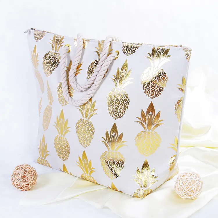 New Style Fashion Gold-stamp pineapple print Straw cotton rope large round custom beach tote bag summer