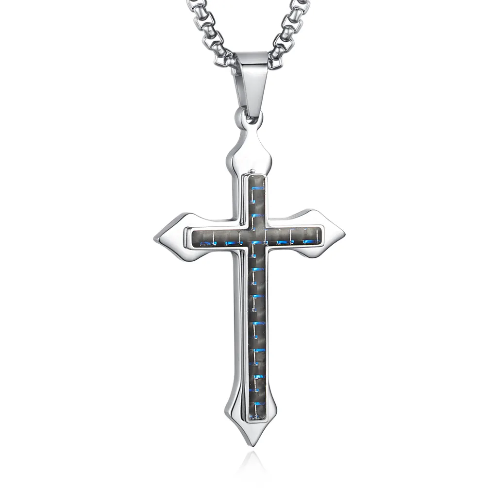 Stainless Steel Two-layered Cross Pendant Necklace with Blue Golden Black Carbon Fiber Necklace Pendant for Men and Women