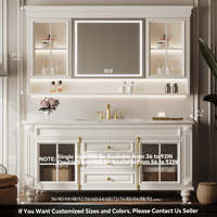 Luxury Bathroom Vanity with Sink, Hand-carved Vanity with Smart LED Defog Mirror, Solid Wood Floating Vanity Cabinet with Glass