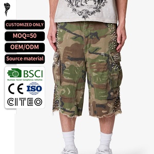 Pantalones Cortos Cargo de Camuflaje para Hombre 2026, Nuevos, con Tachuelas, Estilo Desgastado, Pierna Ancha, Streetwear, Pantalones Cortos, Servicio Personalizado OEM ODM - Product Image 1