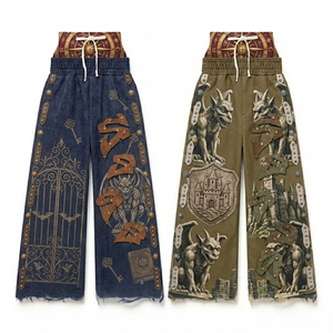 <span class=keywords><strong>Pantaloni</strong></span> Larghi <span class=keywords><strong>in</strong></span> Tela Ispirati allo Stile Steampunk <span class=keywords><strong>con</strong></span> Vita Elastica e Orlo Sfilacciato, Stampa Vintage a Fiamme, Streetwear Vestibilità Ampia per Uomo - Product Image 1