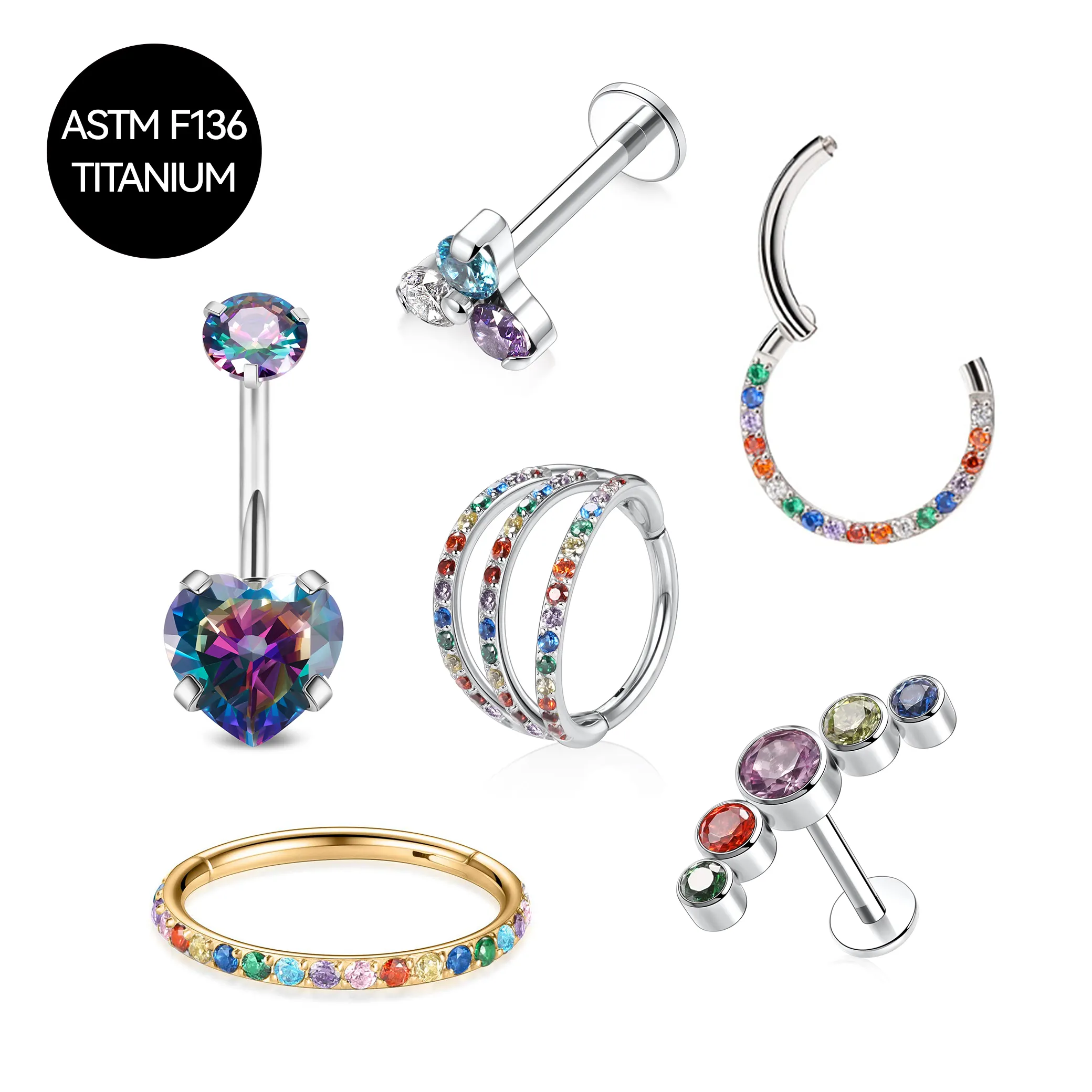 ASTM F136 Titanium Colorful Zircon Hinged Segment Clicker Piercing Titanium Body Jewelry Labret Piercing Jewelry