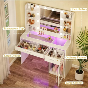 Tocador de Madera Contemporáneo <span class=keywords><strong>Blanco</strong></span> para Dormitorio con Luces RGB, Gran Gabinete de Vidrio Templado, Tapa Transparente de 3 Colores, 6 Estantes y <span class=keywords><strong>2</strong></span> <span class=keywords><strong>Cajones</strong></span> - Product Image 4