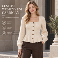Cardigan en maille personnalisé pour femme, col carré, ourlet peplum, boutonné, manches bouffantes, coupe ajustée, pour le quotidien