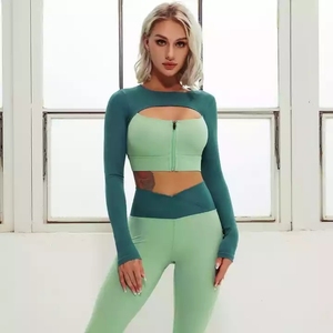 Elegante Activewear <span class=keywords><strong>Mujer</strong></span> Blazer y Pantalones Traje Frente V Cross Leggings Sobre Pechos Manga Larga <span class=keywords><strong>Mujer</strong></span> <span class=keywords><strong>Azul</strong></span> Crop Top Zip Front - Product Image 5