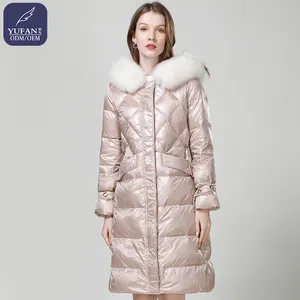 Yufan 전문 사용자 정의 2024 겨울 반짝 이는 긴 모피 칼라 후드 다운 재킷 패션 핑크 여성 다운 재킷 코트