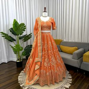 Orange Georgette Lehenga Choli Set Embroidered <b>Sequins</b> Work <b>Flared</b> Dupatta Traditional Dress for Wedding Party - Product Image 1