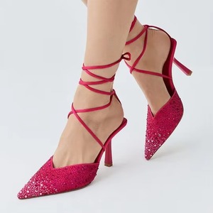 <b>Pink</b> <b>Women</b> <b>Sandals</b> Lace up Pattern Rhinestone Design Heels for Ladies - Product Image 3