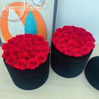 AM-PFB08 Ammy Rose éternelle en boîte ronde en velours, cadeau de fleurs éternelles pour la Saint-Valentin, la fête des mères, décoration de la maison