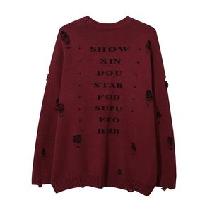 Wholesale Distress Vintage Oversize Cropped Top <strong>Hoodie</strong> for <strong>Men</strong> Grim Reaper Ripped Knit Sweater <strong>Burgundy</strong> - Product Image 2