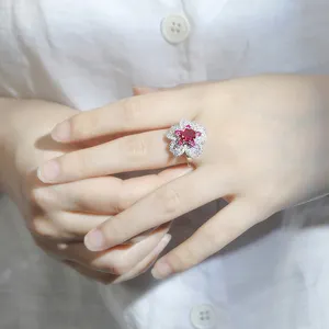 Lab Created Pink Sapphire Rings White Gold Plated S925 Silver Band Ring Flower Ring For Lady