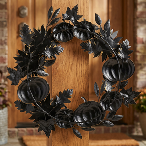 Black Metal Pumpkin <b>Wreath</b> Round Halloween Decorative Handmade Rustic Style Unlit Single Piece - Product Image 6