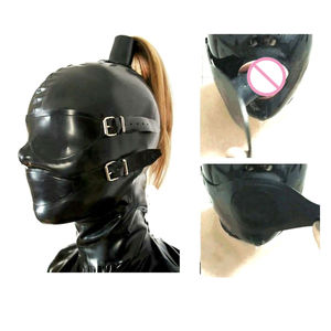 Cagoules pour femmes en caoutchouc Latex à la main noire sexy avec queue de cheval masque fétiche couvre-chef équipement de Bondage pour Cosplay Club - Product Image 5