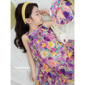 Váy bé gái YOEHYAUL X4925 không tay, dây đeo, 1 tuổi, 1-8 tuổi, màu xanh lá cây tím, dài, chất liệu cotton, họa tiết hoa, dành cho trẻ nhỏ. - Product Image 4