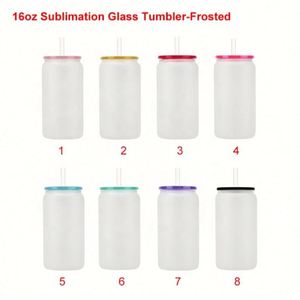 Gobelets et bocaux en verre dépoli transparent de 16 oz avec logo personnalisé, pour bière et jus, avec couvercles et pailles, sublimés, vente en gros - Product Image 4