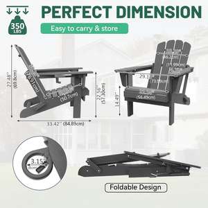 Kursi Adirondack Modern Set 2 Kursi Lipat HDPE Tahan Lama untuk Luar Ruangan dengan Tempat Gelas untuk Halaman, Teras & Perapian - Abu-abu - Product Image 6