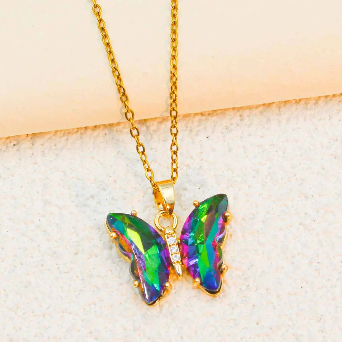 Cubic zirconia colored butterfly gold-plated pendant  titanium steel necklace suitable for women's daily wear