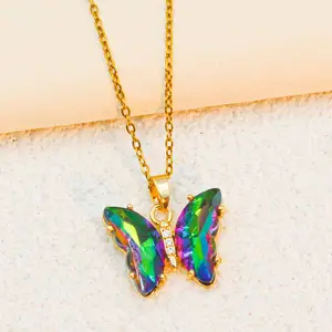Cubic Zirconia Colored Butterfly Gold-plated Pendant Titanium Steel Necklace Suitable For Women's Daily Wear