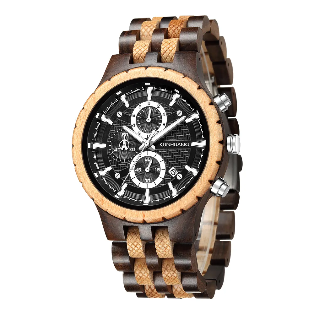KUNHUANG 1033 लकड़ी क्वार्ट्ज घड़ी Timepieces लक्जरी पुरुषों कलाई फैशन क्रोनोग्रफ़ की लकड़ी घड़ियों