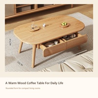 Table basse moderne en bois avec deux tiroirs et étagère de rangement ouverte, bord arrondi, table centrale pour salon et maison