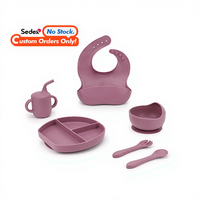 Ensemble de vaisselle en silicone de qualité alimentaire au design moderne pour enfants, comprenant une fourchette et une cuillère à ventouse, un bavoir pour tout-petits, une assiette et un bol avec couvercle