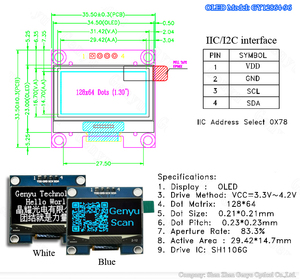 Lcd Manufacturer Genyu 0.42 / 0.69 / 0.91 / 1.3 / 1.54 / 2.23 Micro OLED Screen 128x64 Ssd1306 OLED Screen 0.96 Inch OLED Display